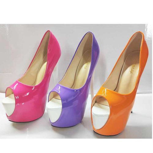 新款超高跟鞋女20cm防水台细跟职业漆皮拼色百搭浅口鱼嘴大码单鞋