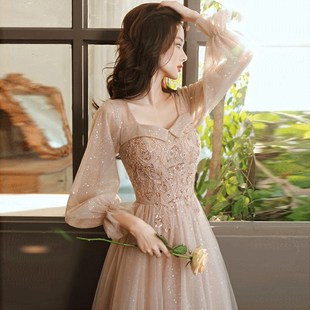 香槟色长袖礼服裙音乐生艺考成人礼年会生日宴会主持人连衣裙子