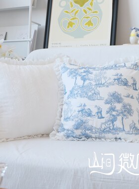 法式复古美式乡村靠包田园蓝色白色靠垫客厅沙发刺绣抱枕花边靠枕