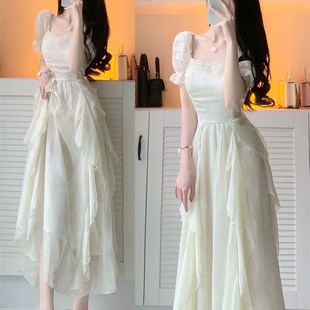 法式白色高级感气质仙女连衣裙夏季温柔风超仙公主裙收腰长款裙子