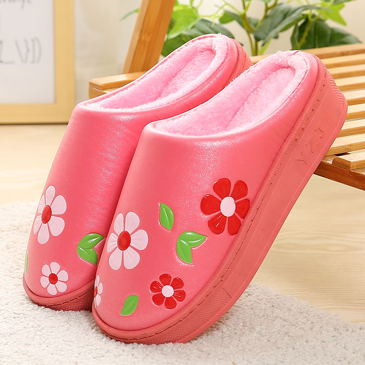 黑色高跟棉拖鞋女冬季厚底坡跟室内居家皮面PU防水冬天月子鞋可爱