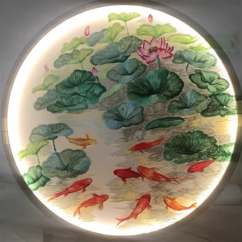 苏州刺绣机绣仿手工九鱼图灯带灯光圆形玄关装饰画带框成品挂画