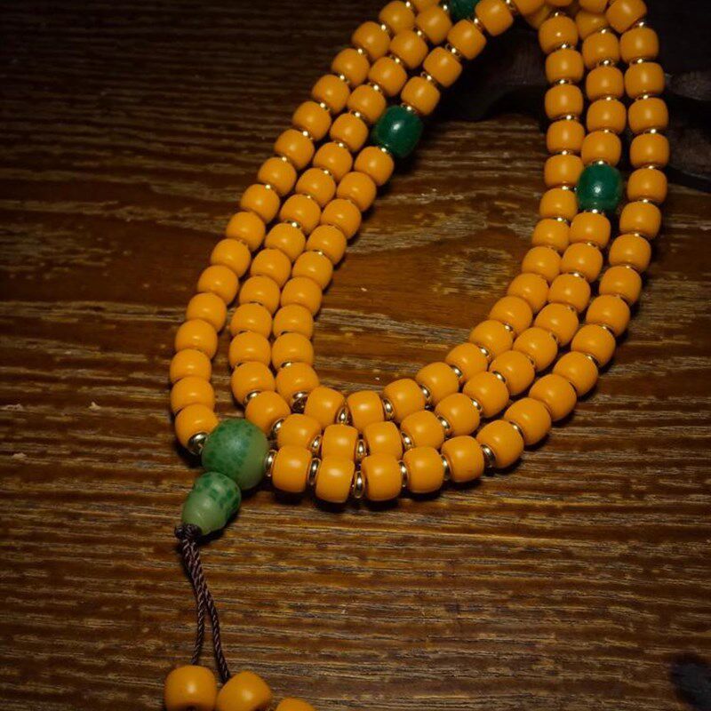 雪巴琉璃果冻料鸡油黄直切桶珠老型手串108佛珠手链男女佩戴配饰