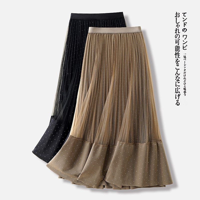 烫钻网纱拼接半身裙女夏季2025新款松紧高腰时尚中长款大摆百褶裙,女装/女士精品,真丝上装,淘宝优惠券,粉丝福利购,淘宝优惠卷