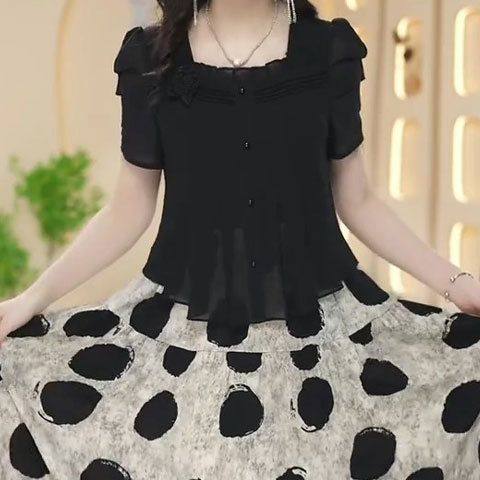 2025夏季新款时尚假两件连衣裙女气质设计感雪纺拼接波点印花裙子,女装/女士精品,连衣裙,淘宝优惠券,粉丝福利购,淘宝优惠卷