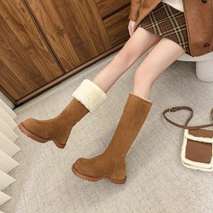 两穿加绒长筒靴女2024新款 厚绒羊毛雪地靴内增高厚底高筒靴子 冬季