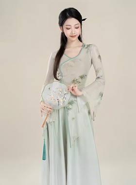 新款现代舞旗袍练功服古典舞身韵服飘逸纱衣绿色清冷国风舞演出服