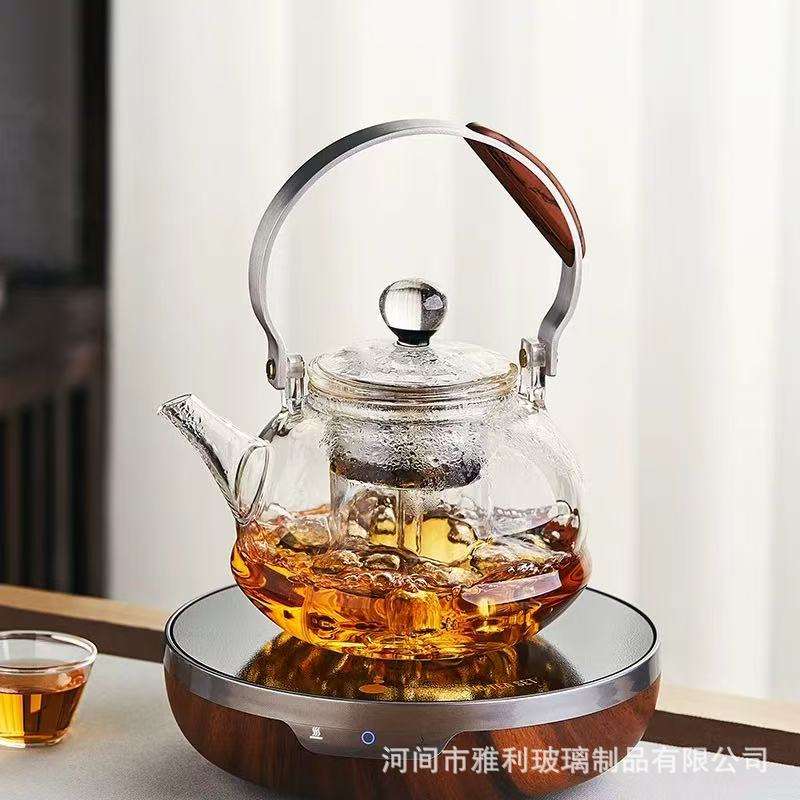 厂家高硼硅玻璃泡茶壶耐热透明黑色蒸煮一体内胆提梁壶明火烧水壶