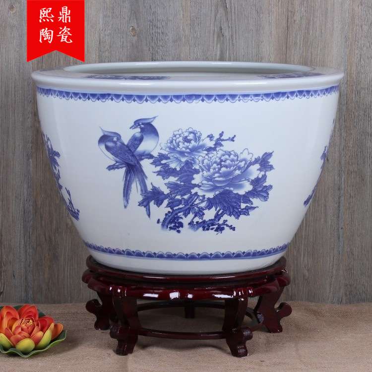 景德镇陶瓷缸  青花富贵吉祥牡丹花装饰鱼缸缸栽花盆 腌菜瓷缸