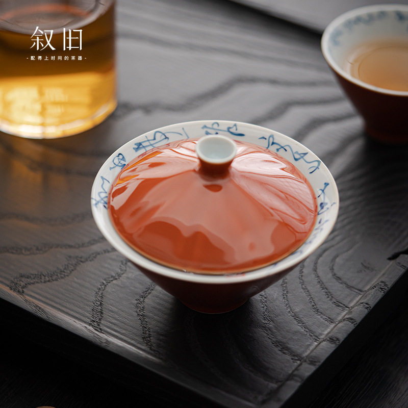 叙旧手绘斗笠盖碗茶杯文人茶器套装家用单个小茶盏功夫泡茶碗