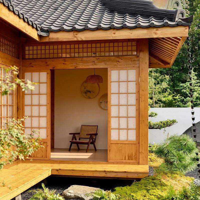日式小木屋别墅民宿庭院造景木屋室外防腐木木房子户外茅草屋田园