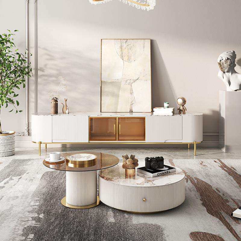 现代轻奢岩板电视柜玻璃茶几组合简约高端家用客厅小户型储物地柜