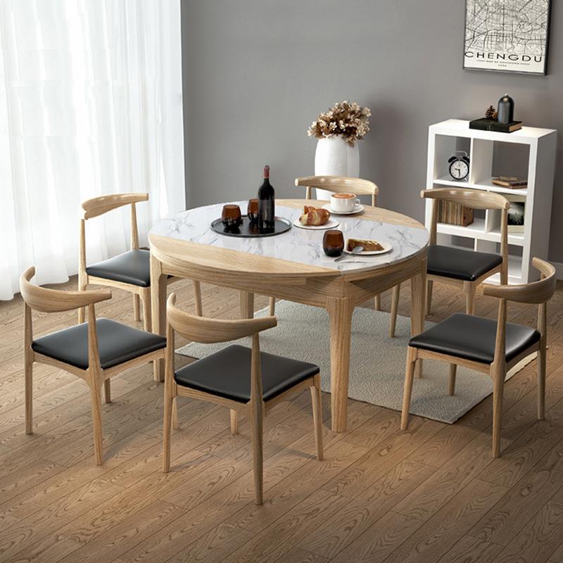 北欧现代简约实木伸缩圆形餐桌椅组合小户型家用岩板面可折叠圆桌