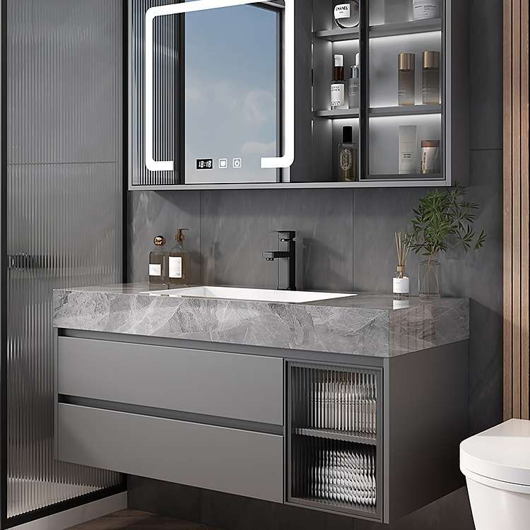 蓝加全桉木极简无缝岩板浴室柜组合现代简约洗脸洗手池洗漱台盆