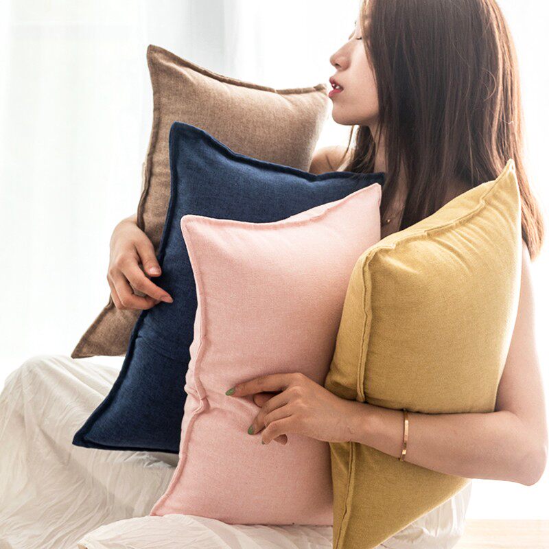 网红彩棉麻布艺纯l色百搭含芯抱枕家用沙发靠垫床头靠枕飘窗装饰