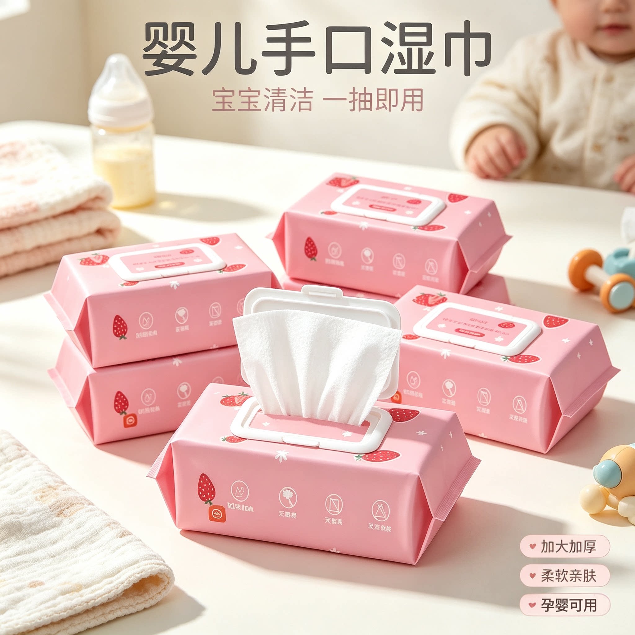 婴儿手口湿巾加厚亲肤湿纸巾新生儿宝宝手口湿巾家庭装新生儿专用