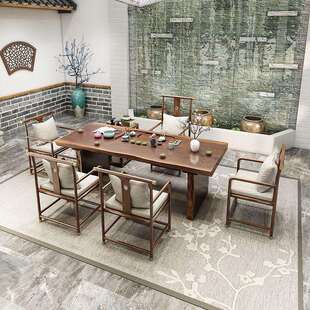 新中式茶台自然边实木整板阳台泡茶桌椅组合一桌五椅功夫大板茶桌