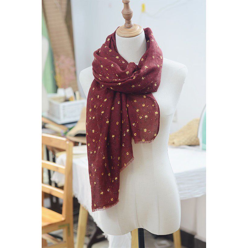 细软复古酒红碎花防晒保暖围巾女 秋冬优雅气质薄款百搭披肩纱巾