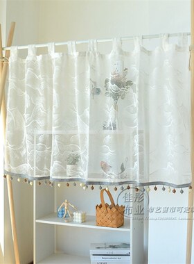田园阳台窗帘成品飘窗吊带纱帘蕾丝小窗帘半帘透光隔断帘装饰帘
