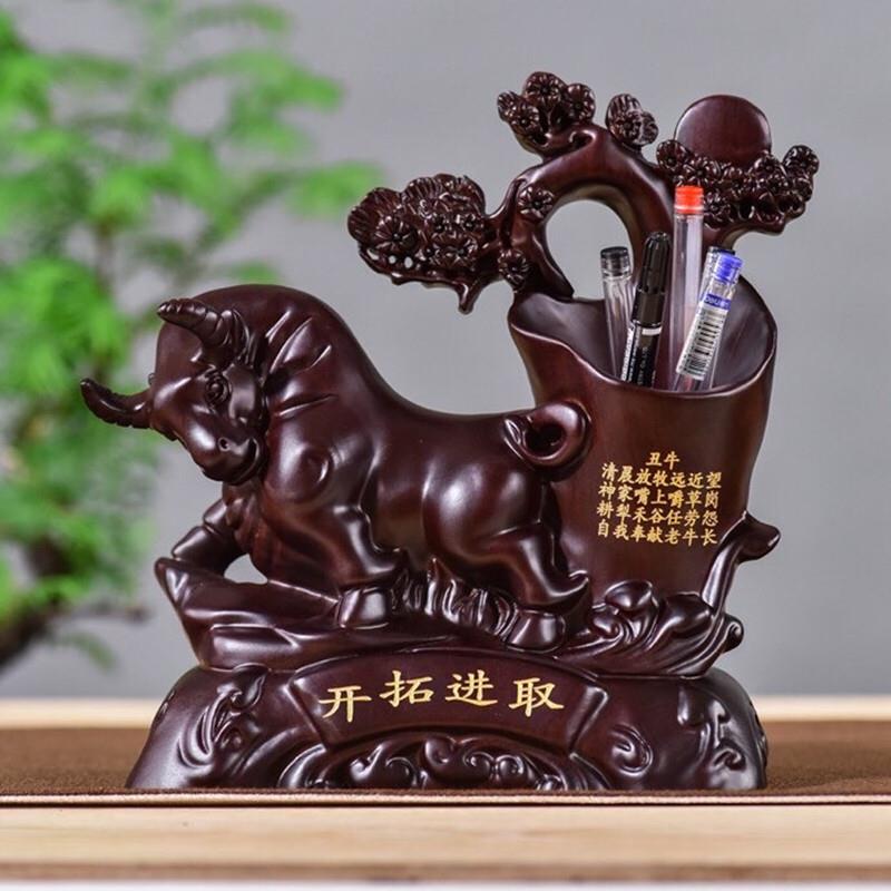 黑檀十二生肖牛木雕笔筒创意实用木质笔桶装笔复古桌面摆件LOGO