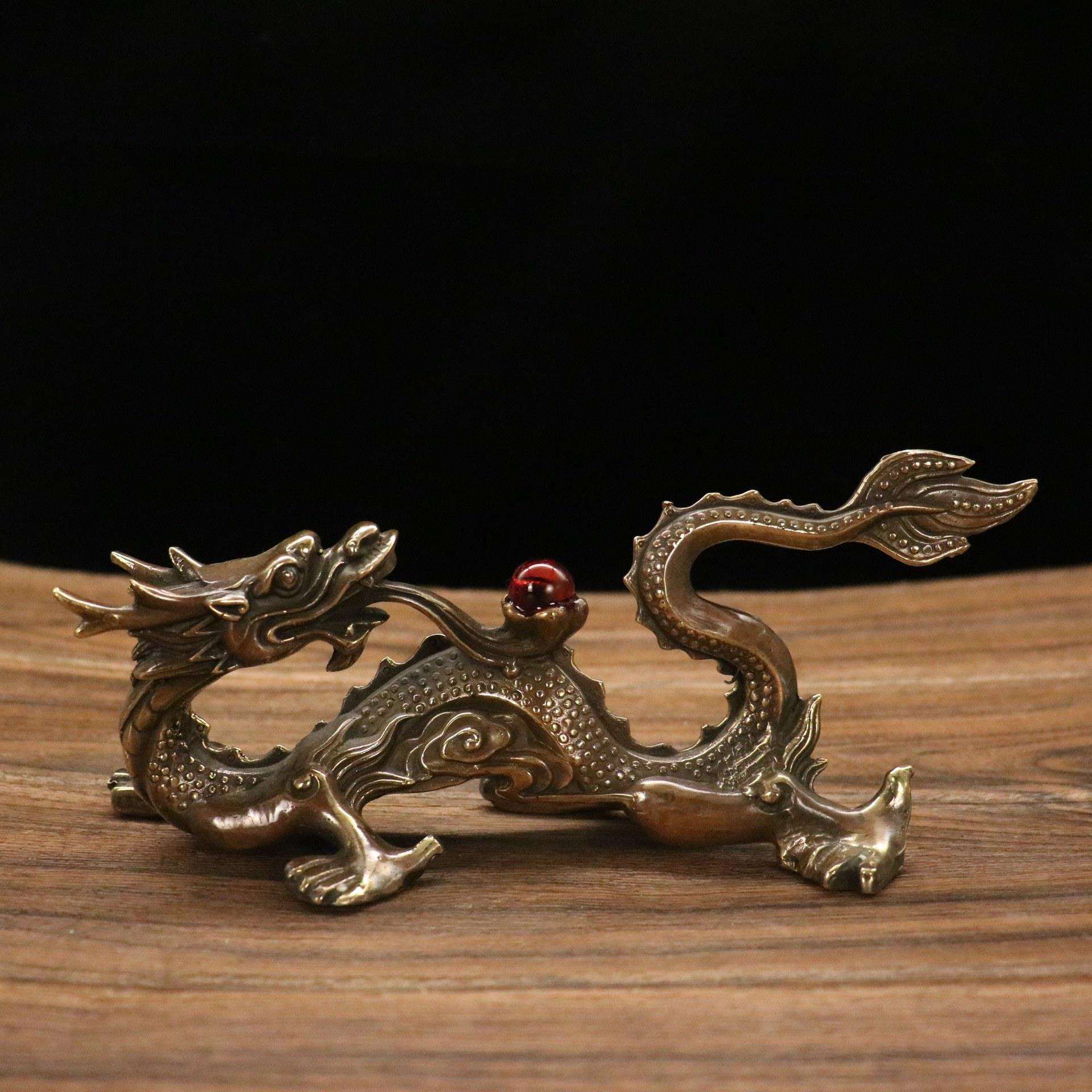 纯铜回头龙摆件龙笔架红珠子龙生肖龙家居装饰品办公室工艺品摆设