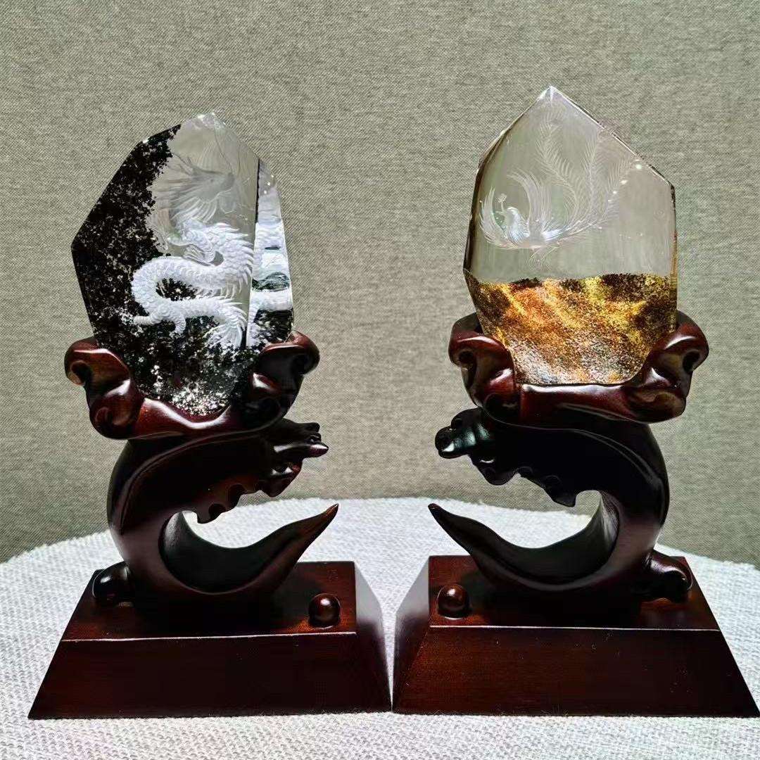 天然水晶幽灵阴雕龙凤千层山聚宝绿幽灵金字塔幽灵水晶原石摆件