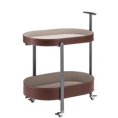 现代极简意式轻奢马鞍皮不锈钢椭圆形可以移动上下层储物茶几边几