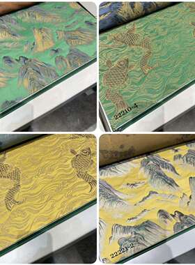 门幅280cm定宽新中式绿色黄色色织提花山水年年有鱼图案提花布