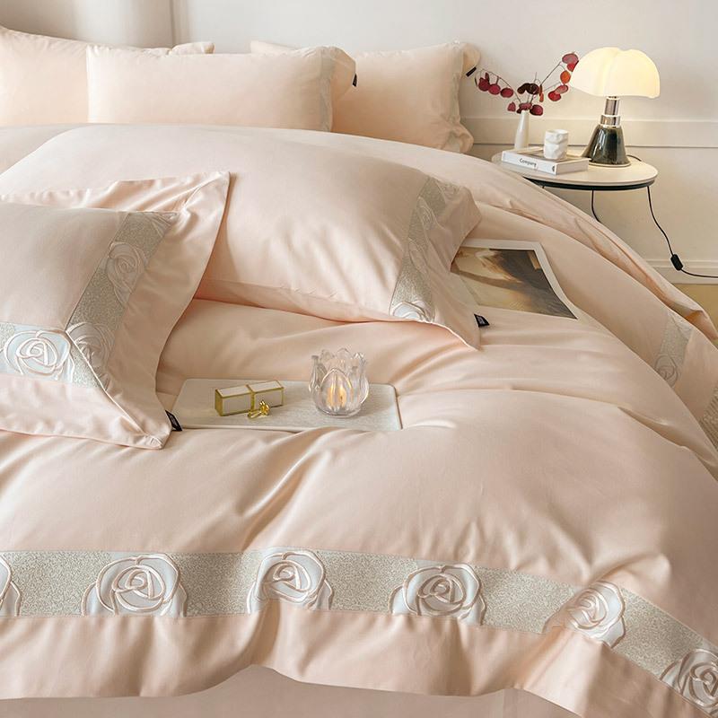 A类轻奢刺绣100支长绒棉四件套全棉纯色床单被套床笠南通床上用品