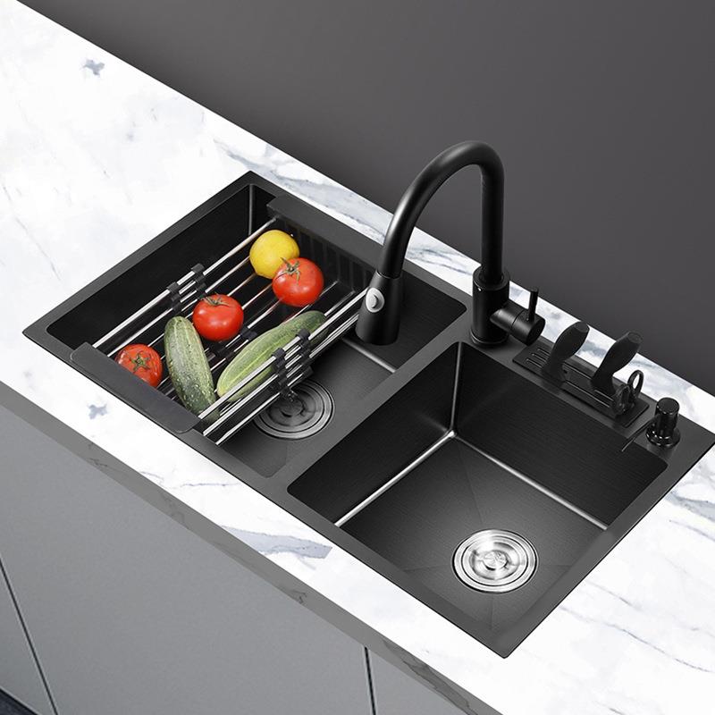 厨房黑色304不锈钢双槽水槽大单槽洗菜槽台上盆加深加厚洗碗水槽