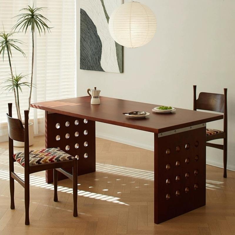 复古实木洞洞餐桌北欧小户型设计师工作台家用中古风原木长桌子