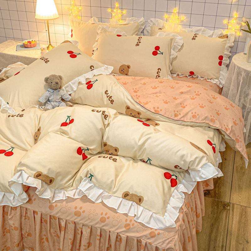 韩版公主风床裙四件套少女心加厚磨毛床单床罩被套