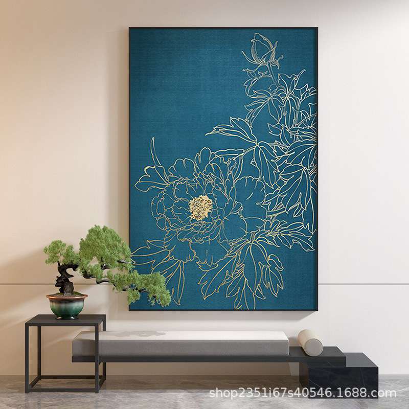 新中式客厅装饰画蓝色金色牡丹花入户玄关壁画走廊过道竖版挂画图片
