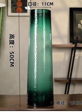 50CMT筒锤纹花瓶n  加厚水晶玻璃绿色原色料客厅水养百合龙柳摆