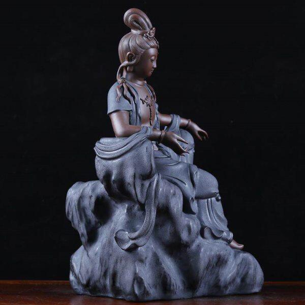 家居神像禅意摆件紫砂《自在观音陶瓷玄关》客厅新中式雕塑艺术品