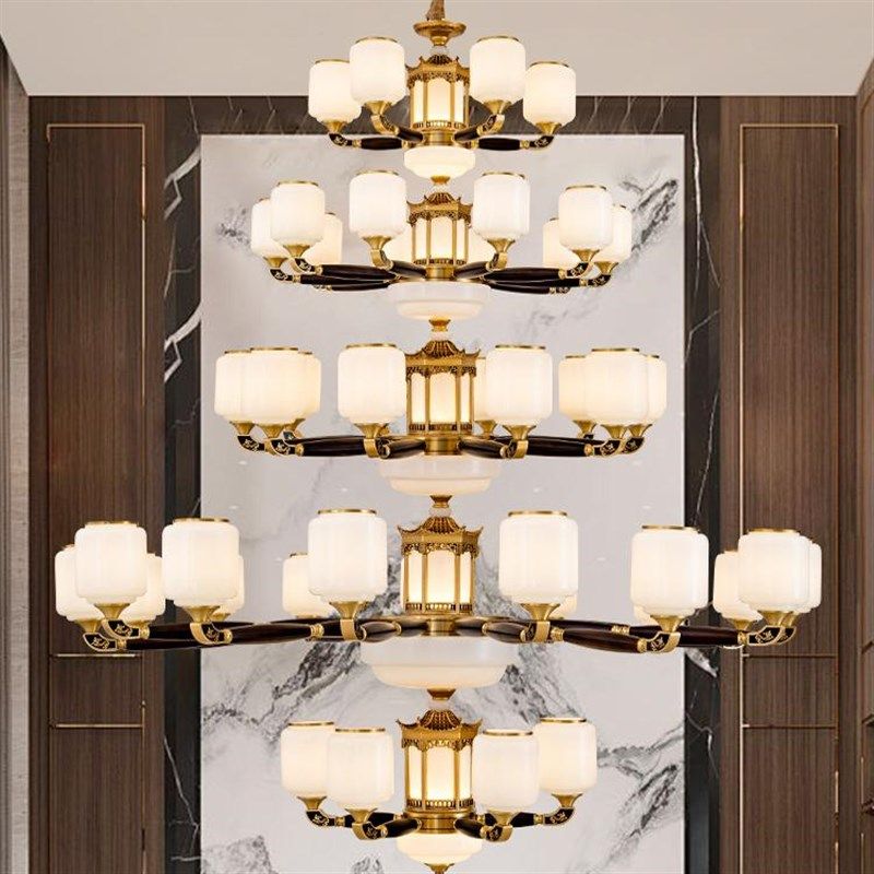 新中式全铜客厅大吊灯复式楼梯别墅C大厅酒店会所工程灯2024新款