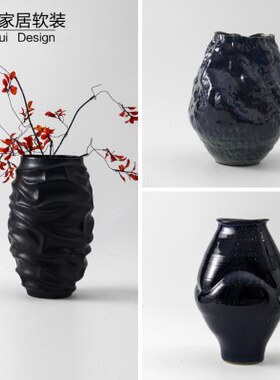 现代轻奢黑色陶瓷花器高级感样板间售楼部干花插花瓶软装饰品摆件