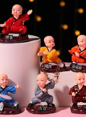 创意功夫a小和尚卡通禅意少林沙弥树脂模型摆件汽车装饰品家居摆