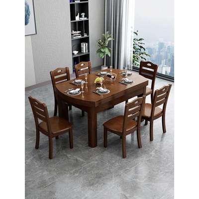 现代简约全实木变圆餐桌家用小户型长方形饭桌子可伸缩折叠10人