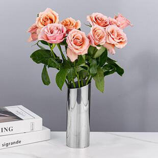 304不锈钢花瓶银色圆柱形斜口金属桌面插花小摆件养花水培植物瓶