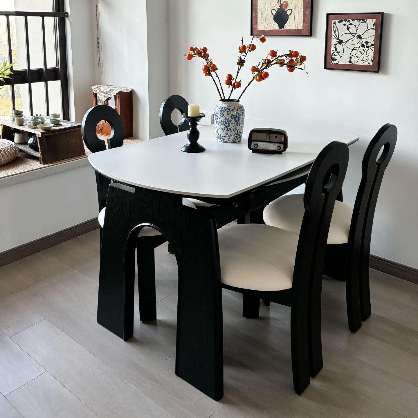 法式复古风可伸缩实木岩板餐桌家用小户型方圆两用可变圆形吃饭桌