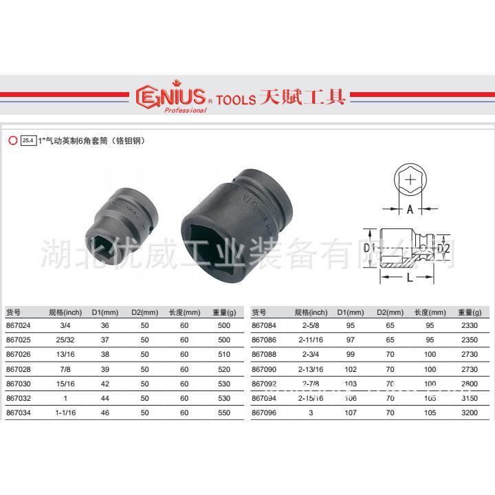 GENIUS天赋工具1″ 气动英制6六角套筒（铬钼钢）867112