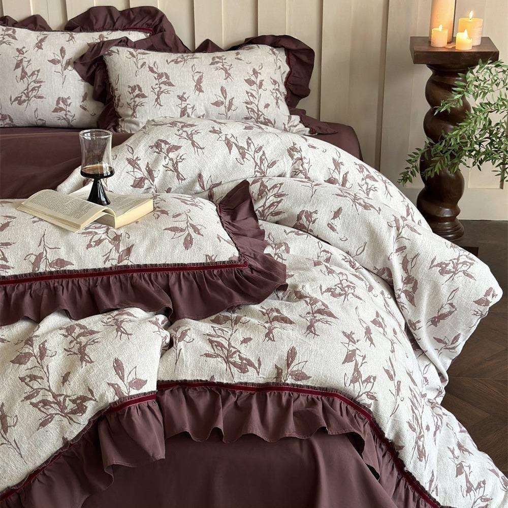 高级复古风全棉磨毛花边四件套植物被套床单50支长绒棉提花床品