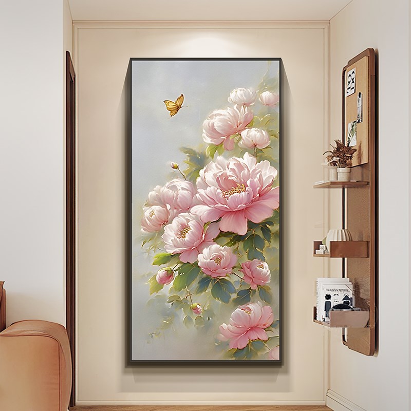 现代轻奢牡丹花手绘油画金箔花卉玄关装饰画淡雅入户走廊过道挂画图片