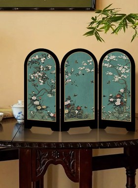 新中式绿色风景屏风桌面摆件玄关鞋柜茶桌家居装饰品客厅复古摆画
