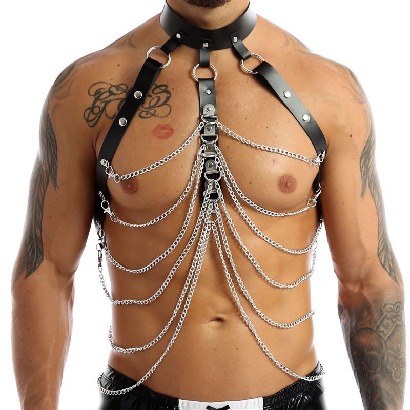 Men Sword belt Faux Leather Body Chest Chain Harness Punk Ma