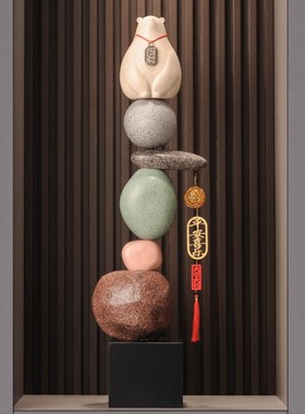 入户玄关造景迎客松石来运转大型摆件进门客厅电视柜旁竖高长装饰