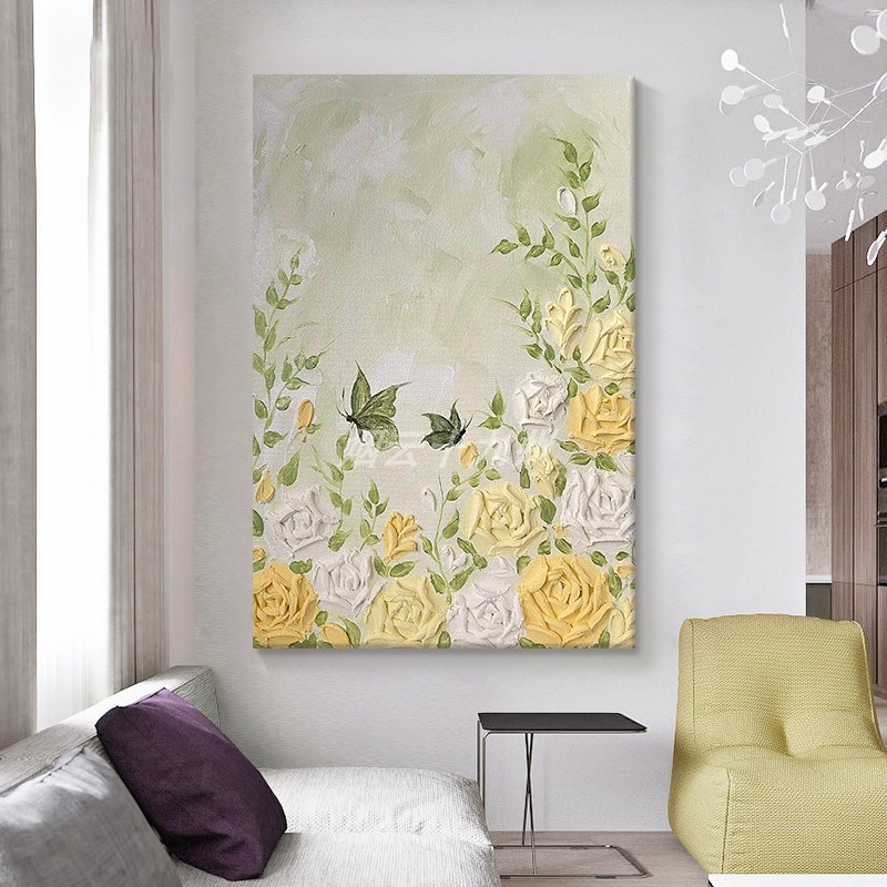 抽象立体花卉客厅装饰壁画玫瑰花手绘石英砂油画绿色蝴蝶玄关挂画图片
