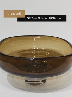 装饰摆件样板房客厅餐厅现代简约家居饰品纯手工厚重玻璃果盘花瓶