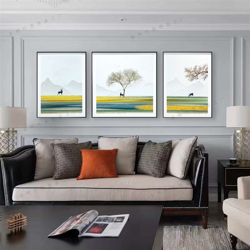 皮雕画皮革肌理画皮革雕刻画客厅沙发背景墙三联画轻奢法式奶油风